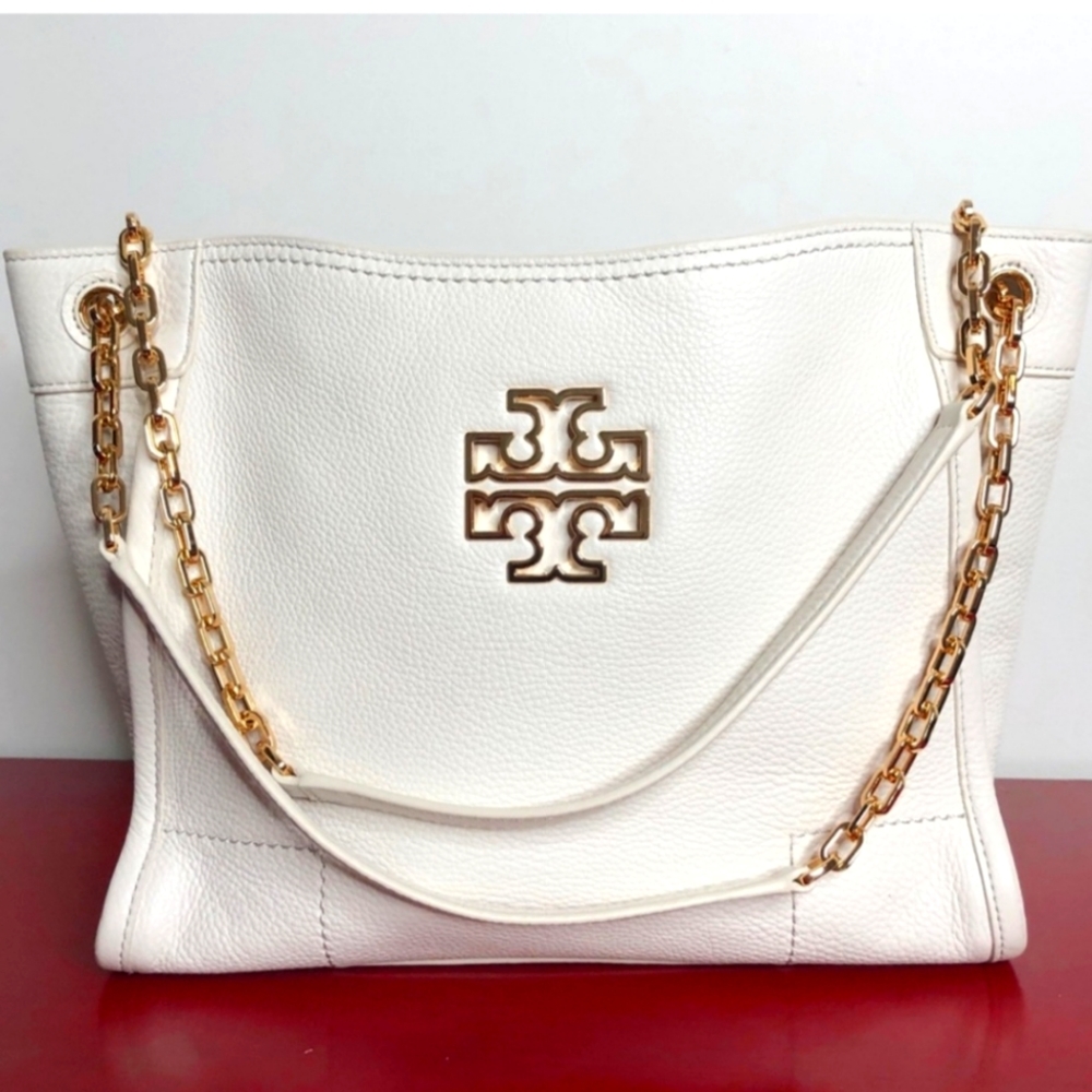 Tory Burch Britten Pebble Leather Small Slouchy Tote Gold Chain Handle